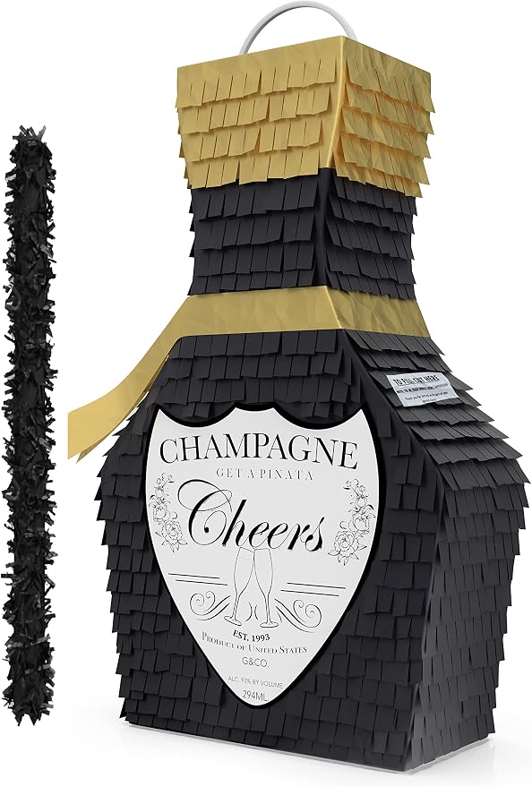 Jergrim Black and Gold Champagne Piñata with Stick 17”X11”X3” great for 21st Birthday, Decorations, Graduation, New Years & Wedding Props - Fits party favors