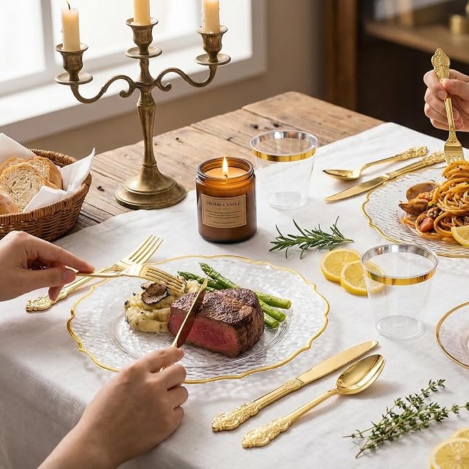N9R 120PCS Gold Plastic Silverware, Disposable Silverware Include 40 Forks, 40 Spoons, 40 Knives, Gold Cutlery Set Disposable for Party, Wedding and Daily Use