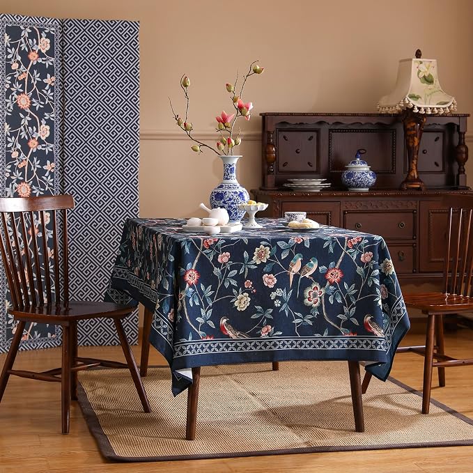 patdrea Elegant Vintage Linen Tablecloth,Rectangular,102"x63"-Lanruoting | Vintage Large Table Cloth for Rectangle Table,Blue Oriental Bird Floral Print,Dining Tea Party Thanksgiving Table Decor