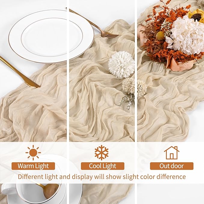 16 Pack Beige Cheesecloth Table Runner 120 Inch 10FT Spring Boho Rustic Sheer Gauze Cheese Cloth Table Runner for Wedding Baby Shower Birthday Party Table Decor