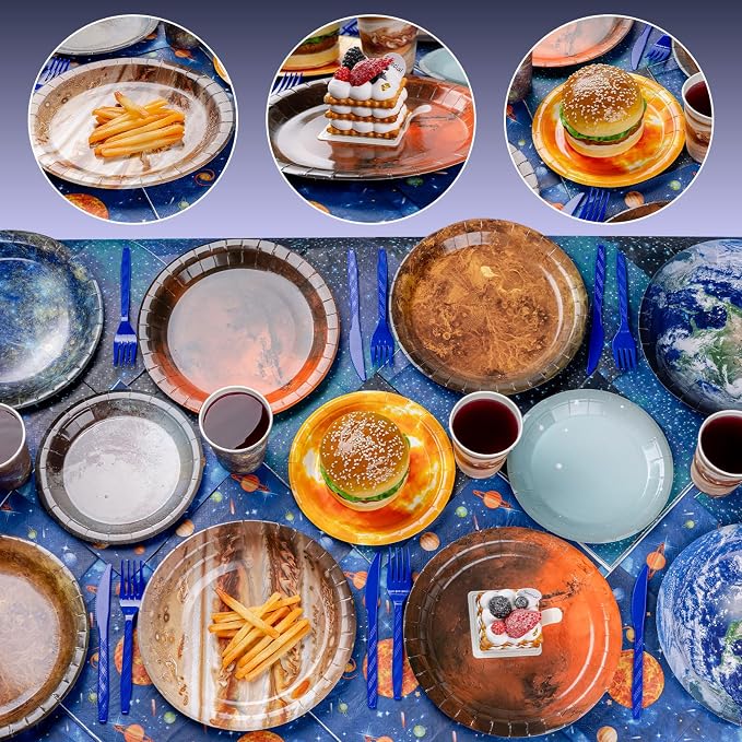 355pcs Space Birthday Decorations for 50 Guests Party Supplies Include Paper Plate, Napkin, Cup and Disposable Plastic Tableware