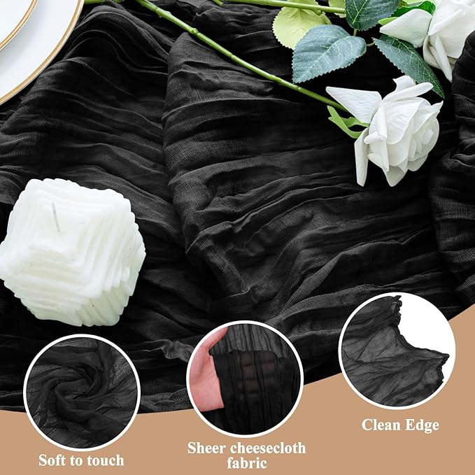 6PCS Table Runner Cheesecloth 10FT Black Boho Gauze Cheese Cloth Rustic Sheer Table Runners for Wedding Birthday Bridal Baby Shower Party Decoration
