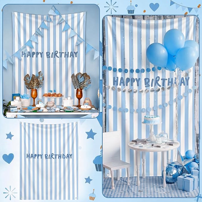 Flutesan 7x5ft Blue Stripe Happy Birthday Backdrop Large Banner Fabric Tapestry Birthday Party Decoration Baby Shower Linen Rustic Background Wall Photo Props Indoor Outdoor