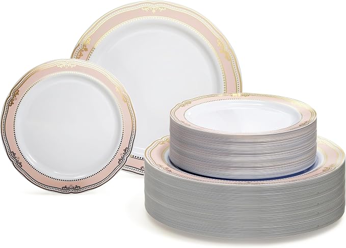 " OCCASIONS " 240 Plates Pack,(120 Guests) Premium Wedding Party Disposable Plastic Plates Set -120 x 10.25'' Dinner + 120 x 7.5'' Salad/Dessert (Scalloped in White/Blush & Gold)