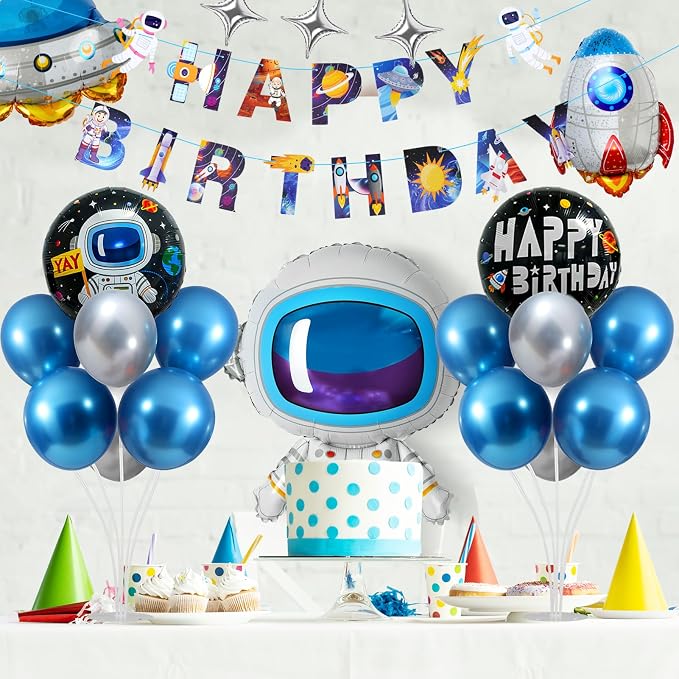 Outer Space Birthday Party Decorations, Space Themed Decor, Spaceship, Rocket, Astronaut Foil Balloon, Happy Birthday Banner, Balloon Stand Kit 2 Sets for Birth day Party Decor Boys