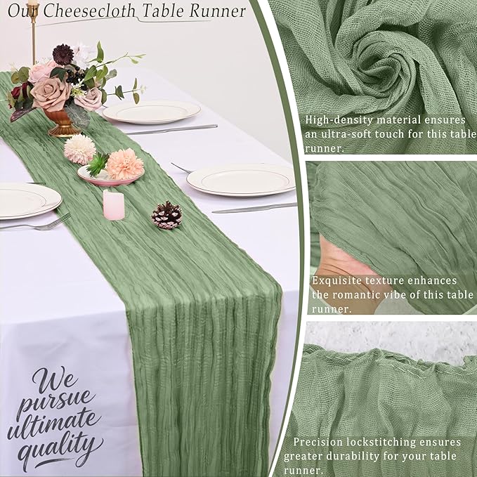 10 Pack Sage Green Cheesecloth Table Runner 17x108 Inch Semi Sheer Boho Rustic Gauze Cheese Cloth Table Runners for Wedding Party Birthday Baby Shower Home Décor