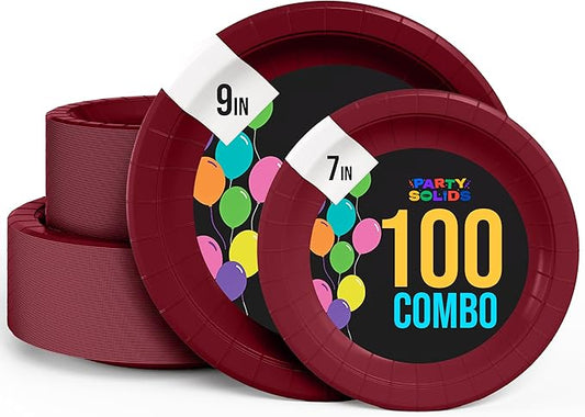 Exquisite Burgundy Paper Plates Disposable Heavy Duty 100 Pcs - 50-7" & 50-9" Burgundy Disposable Plates For Party Heavy Duty Paper Plate 350 GSM Birthday Party Supplies Plate Set