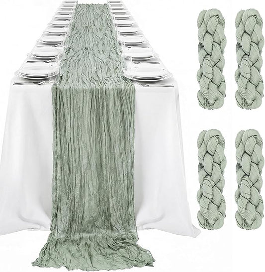 LemonRoad 4 Pcs 20ft Cheesecloth Table Runners Extra Long Boho Rustic Gauze Fabric Cheese Cloth Runner for Wedding Decorations Baby Shower Party Supplies Boho Table Bridal Shower Decor (Sage Green)