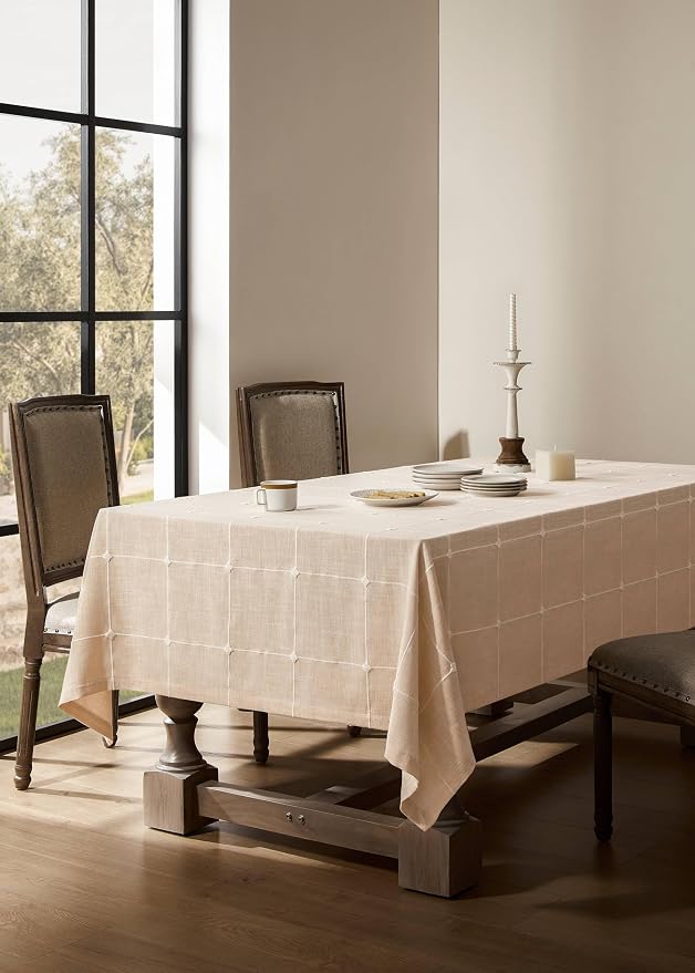 ZeeMart Grid Embroidered Hemmed Tablecloths, Cream 60x60 Inch, Farmhouse Style Heavy Weight Cotton Linen Cream Tablecloths, Boho Plaid Water Resistant Square Table Cloth