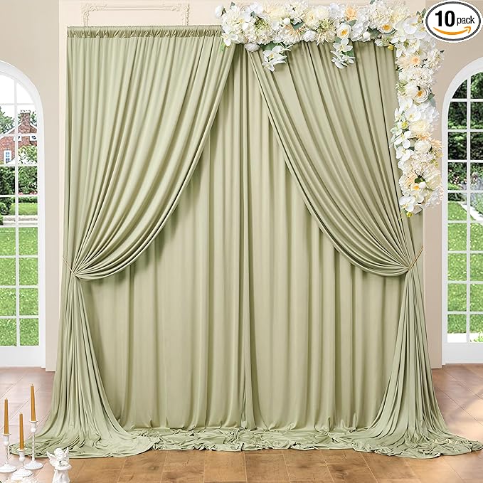 50ftx10ft Wrinkle Free Sage Green Backdrop Curtains for Parties, Polyester Green Photo Backdrop Drapes 10 Panels 5x10ft for Wedding Birthday Baby Shower Photography Background