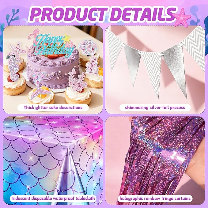 Mermaid Birthday Party Decorations Supplies Includes Banner, Backdrop, Foil & Latex Balloons, Tablecloth, Foil Fringe Curtain, Cake & Cupcake Toppers for Girls Women Under The Sea Theme Party