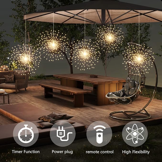 PXBNIUYA 5 Pack 1000LED Plug in Starburst Sphere Lights,Firework Light 8 Modes Dimmable Remote Control Waterproof Hanging Copper Wire Fairy Light for Patio Party Tent Christmas (Warm White)