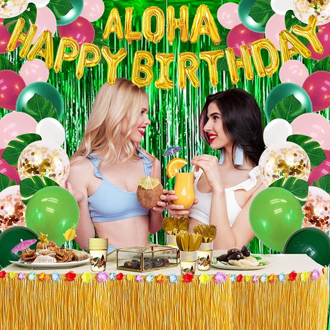 UJOYANT 323 Luau Party Decorations, Hawaiian Party Decorations Kit For Adults - "ALOHA"&"HAPPY BIRTHDAY" Banner, Balloons, Cake Topper, Straws, Table Skirt, Dinnerware Set For 25 Guests