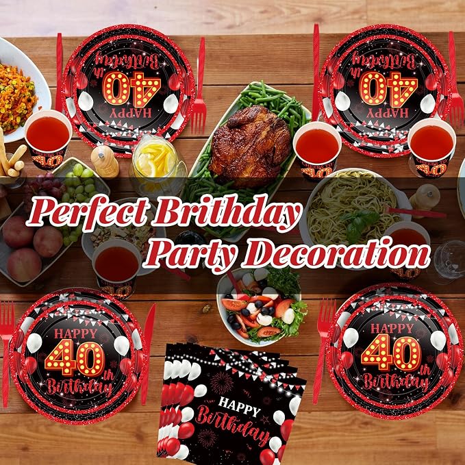 240 Pcs 40th Birthday Decorations 1986 Birthday Party Tableware Include Plates Napkins 9oz Cups Cutlery 40th Anniversary Party Supplies for Men Women Him Her, Serve 30 Guests (Black Red)