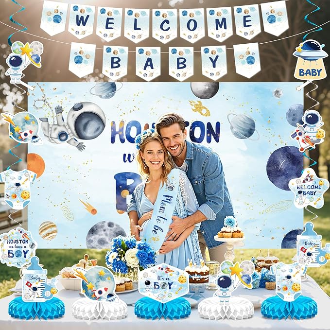 Outer Space Baby Shower Decorations for Boy Space Astronaut Welcome Baby Banner and Hanging Swirls Honeycomb Centerpiece Houston We Have A Boy Backdrop Mom To Be Sash for Party Supplies