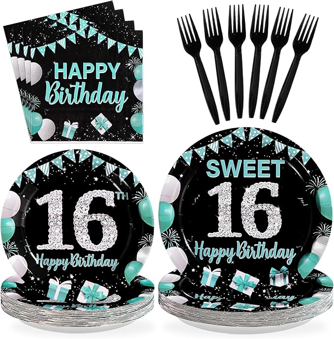 96Pcs 16th Birthday Party Supplies Teal Blue and Black Plates and Napkins Disposable Turquoise 16 Years Old Paper Tableware Set for Boys Girls 16th Birthday Graduation Party Decorations Serve 24