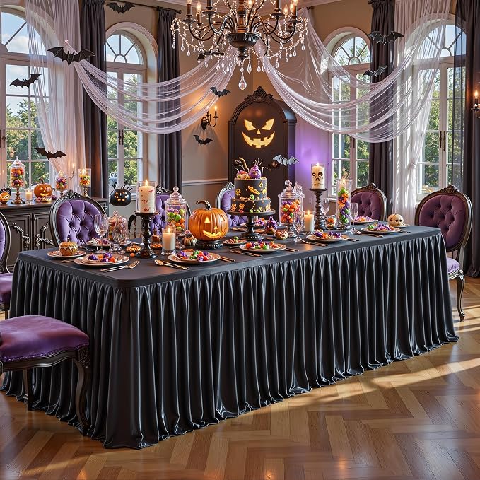 Wish Care 8 Pack Satin Table Cover Skirts for 6ft Rectangular Tables, Black Shimmer Silk Tablecloth with Floor Length Ruffle for Wedding Banquet Party Buffet Decoration