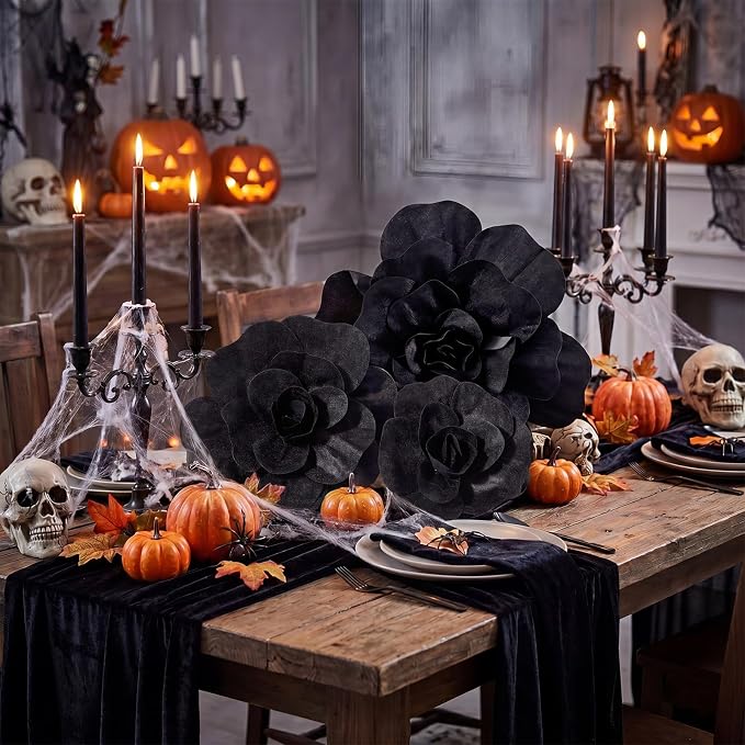 Norme 3 Pcs Giant Black Artificial Roses for Decoration 12 16 20 Inch Large Artificial Flowers Big Paper Flowers for Halloween Wedding Home Decor Anniversary Birthday Gothic Velvet Rose Bulk