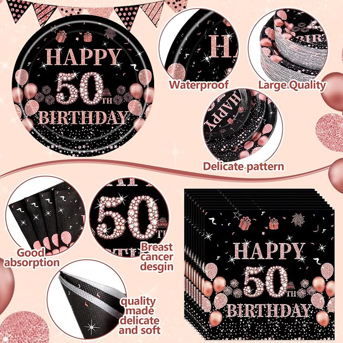 Funnymoom 452 Pcs 50th Birthday Decorations for Women Black and Rose Gold 50th Birthday Paper Plates Cups Napkins Tablecloth Cutlery Straws for Girls Women 50 Year Old Party Supplies for 50 Guests