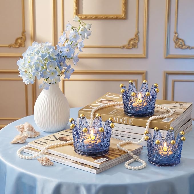 Rubtlamp 6 Pack Blue Votive Crown Candle Holders with Gold Tips, Glass Tealight Candle Holders Candlestick for Table Centerpieces Wedding Party Dinner Home Table Decor
