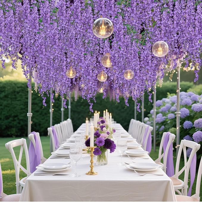 BSMYBO 60 Branches Wisteria Hanging Flowers Purple Artificial Wisteria Hanging Flowers Garlands Vine for Wedding Arch Party Ceremony Home Garden Backdrop Wall Decoration (4 Pack)