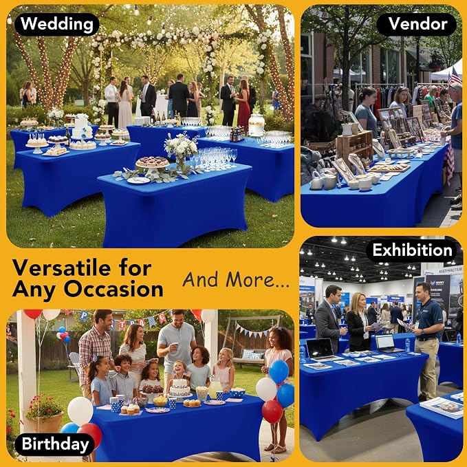 6-Pack Premium Royal Blue Spandex Tablecloths for 6ft Rectangle Tables, Stain & Wrinkle-Resistant, Washable Stretch Polyester Fitted Table Cover for Weddings, Banquets, Events, Parties