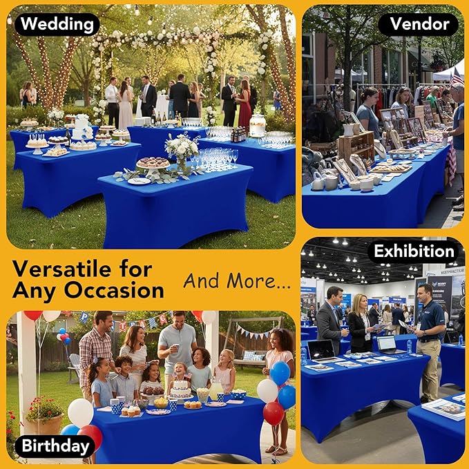 6-Pack Premium Royal Blue Spandex Tablecloths for 8ft Rectangle Tables, Stain & Wrinkle-Resistant, Washable Stretch Polyester Fitted Table Cover for Weddings, Banquets, Trade Shows Events