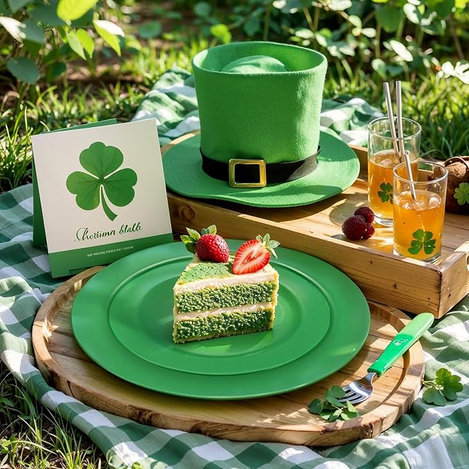 FLOWERCAT 60PCS Green Plates & St. Patrick's Day Plates - Heavy Duty Dark Green plates Disposable for Party&Event- Include 30PCS 10.25" Dinner Plates & 30PCS 7.5" Dessert Plates