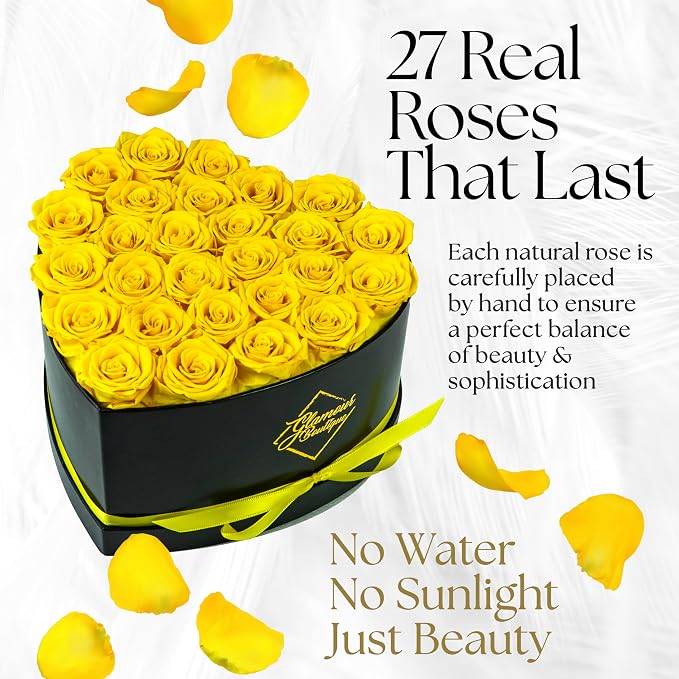 GLAMOUR BOUTIQUE 27 Flower Forever Heart Shape Box, Mothers Day Gift For Mom, Eternal Preserved Roses Gift for Her, Flowers bouquet, For Birthday, Anniversary, Girlfriend - Yellow (Color-Treated)
