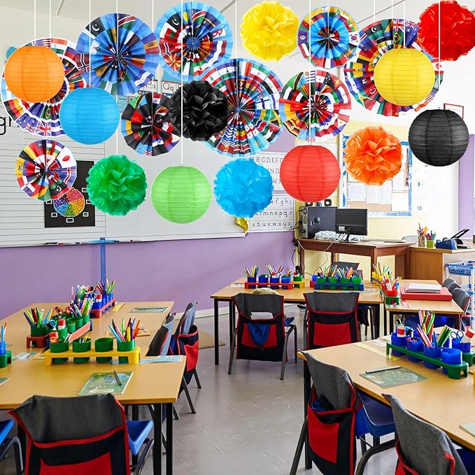Outus International Flags Hanging Decorations Around The World Paper Fans Country World Flags Tissue Pom Poms Nations Paper Lanterns for Sports Event Back to School Classroom Ceiling Wall Decor