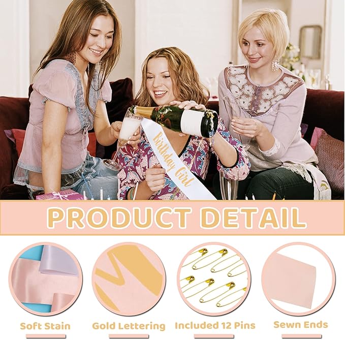 12-Piece Birthday Sash Set - White Girl Sash + 11 Rose Gold Party Sashes for Women's Birthday Party Favors