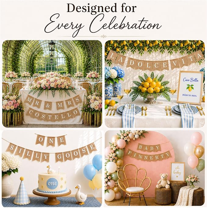 Pre-Printed Banner Kit – 97 BURLAP Flags with WHITE Letters, Numbers & Symbols, Reusable DIY Custom Banner, Make Your Own Personalized Banner for Aesthetic Party Decor, Natural Linen-Look Burlap, Includes Twine & Needles