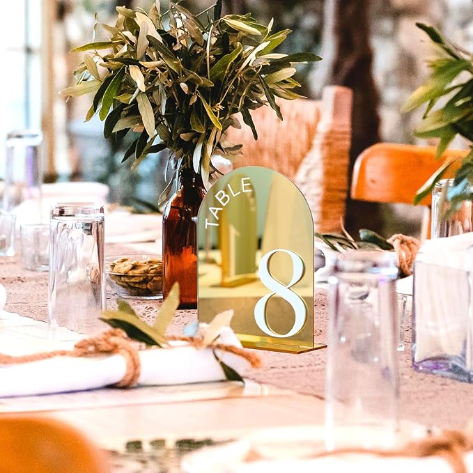 Gold Mirror Arch Wedding Table Numbers 1-10 with Stand, 10 Pack 5x7 Inch Mirrored Acrylic Arch Signs with Raised White Numbers, Gold Acrylic Table Numbers for Wedding Reception