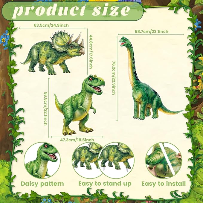 Amyhill 3 Pcs Dinosaur Cardboard Cutout Standup Life Size Large Dinosaur Baby Shower Decorations, Dino Birthday Party Photo Backdrop Yard Sign for Jurassic Theme Jungle Safari Party Favors
