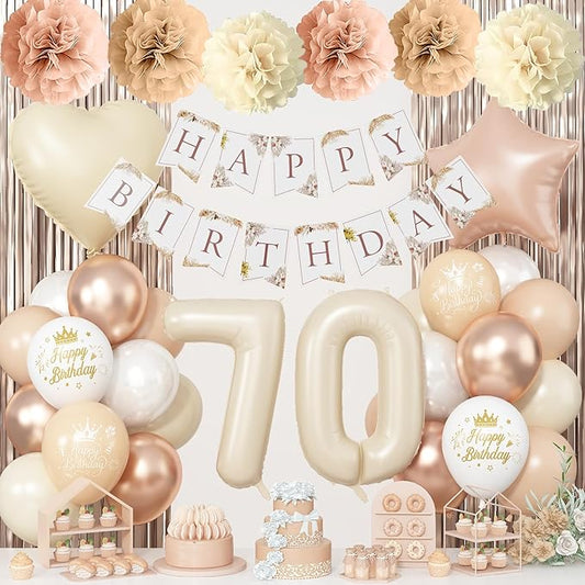 70th Cream Birthday Decorations for Women, Beige Foil Number 70 Heart Tan Star Balloons Neutral White Gold Nude Balloons With Boho Happy Birthday Banner Fringe Curtain Paper Pompoms Classy Party Decor