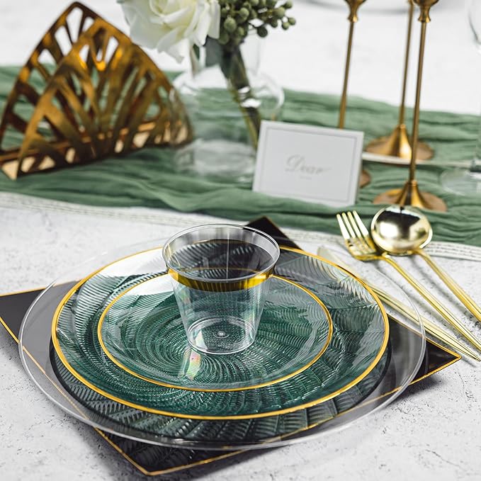 N9R 180 PCS Disposable Dinnerware Set with Gold Rim for 30 Guests,Green Plastic Plates Include 30 Dinner Plate, 30 Dessert Plates, 30 Cups, 90 Heavy Duty Gold Plastic Silverware for Party & Wedding