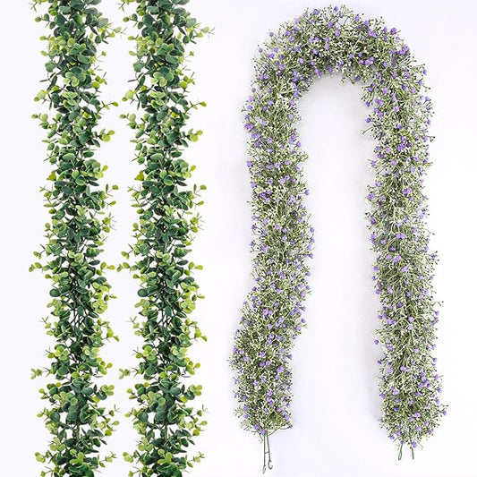 4PCS Faux Eucalyptus Garland Plant, Artificial Baby Breath Flower Vines Hanging Leaves Vines Hanging Leaves Greenery Wedding Backdrop Arch Wall Decor, Indoor Outdoor 5.8 Ft（Purple & Green）