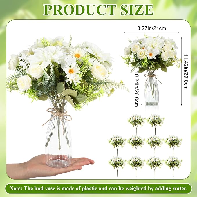 Reallnaive 30 Pack Artificial Flowers Table Centerpieces Decorations with Plastic Vase Wedding Mason Jar 20 Bundles Silk Floral Bouquet 10 Clear Vase with Rope for Party Decor(Dahlia,White)