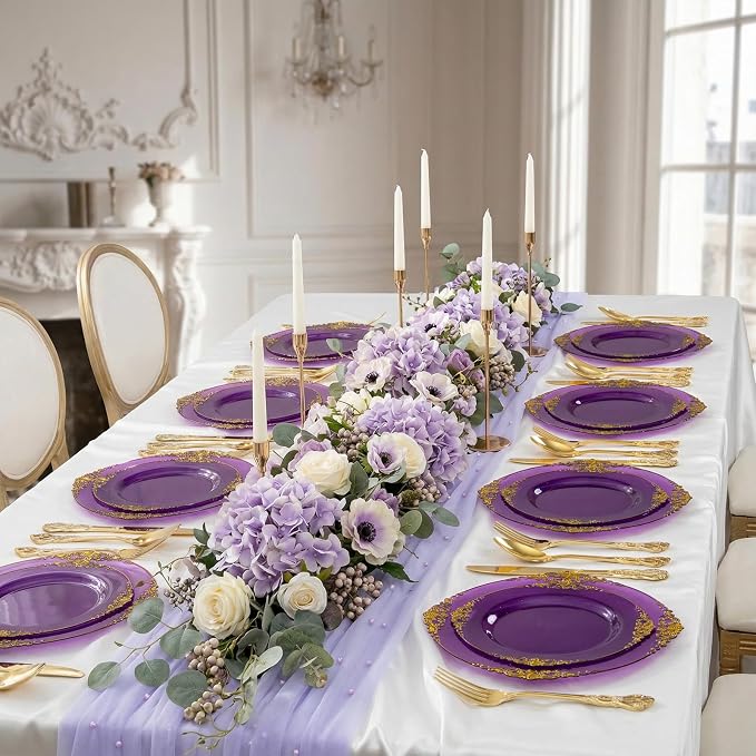 102PCS Purple and Gold Plastic Plates - High End Purple Disposable Plate - Vintage Dinner & Dessert Plates for 51 Guests Birthday Party Wedding