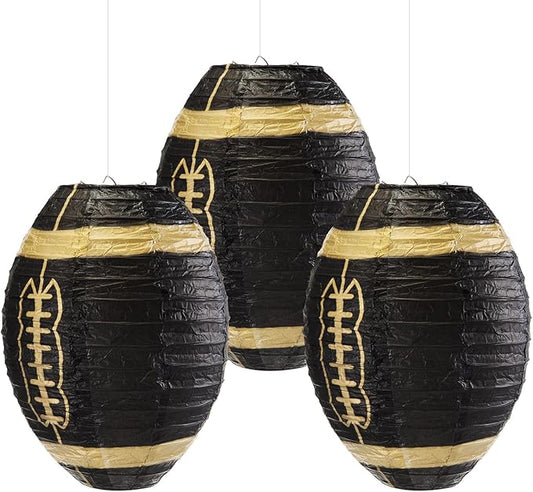 Mudder 12 Pieces 12 Inches Football Paper Lanterns Sports Fan Party Decor Football Hanging Decoration Sports Ball Lantern for Birthday Game Day Tailgates Stadium Party Supply (Black & Gold)