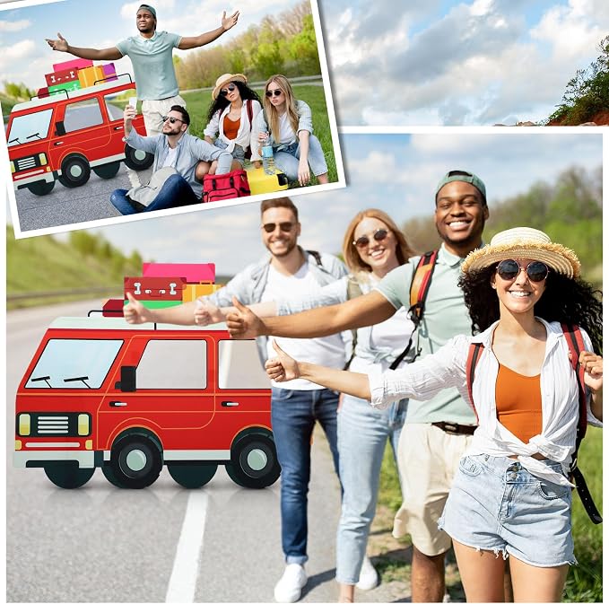 Amyhill 4.7 Feet on the Road VBS Red Van Cardboard Cutout Stand up Life Size Sunday School Backdrop Decor Christian Road Trip Party Decoration Photo Props Standup for Religious Church VBS Party Decor