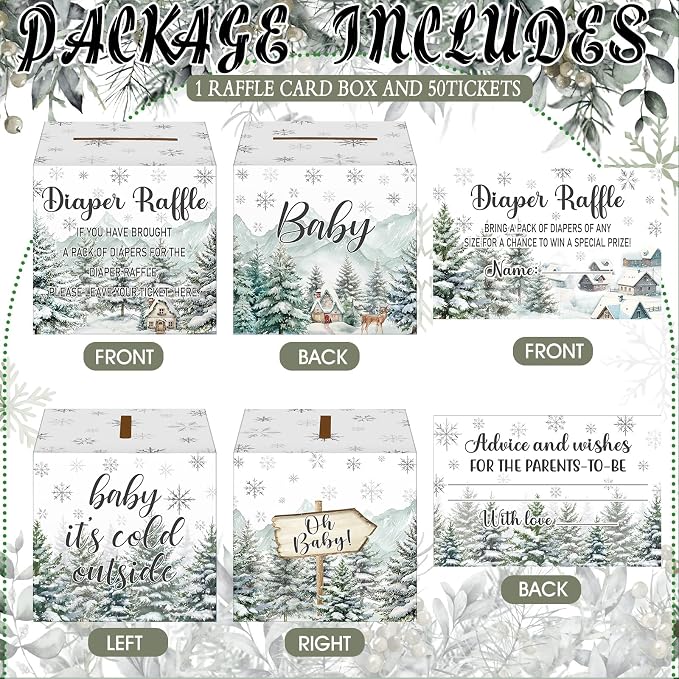 Teling 51 Pieces Diaper Raffle Tickets with Card Box Baby Shower Decorations Gender Reveal Holder Box for Girl Boy Diaper Raffle Party (Baby It's Cold Outside)