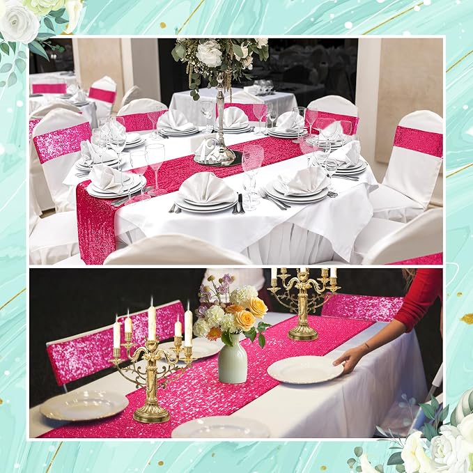 54 Pieces of Red Sequin Chair Ribbons and Table Runners, 48 Sequin Chair Bows, 6 Glitter Table Runners, Suitable for Wedding Parties Birthday Meeting Events Decorations (Rose Red)