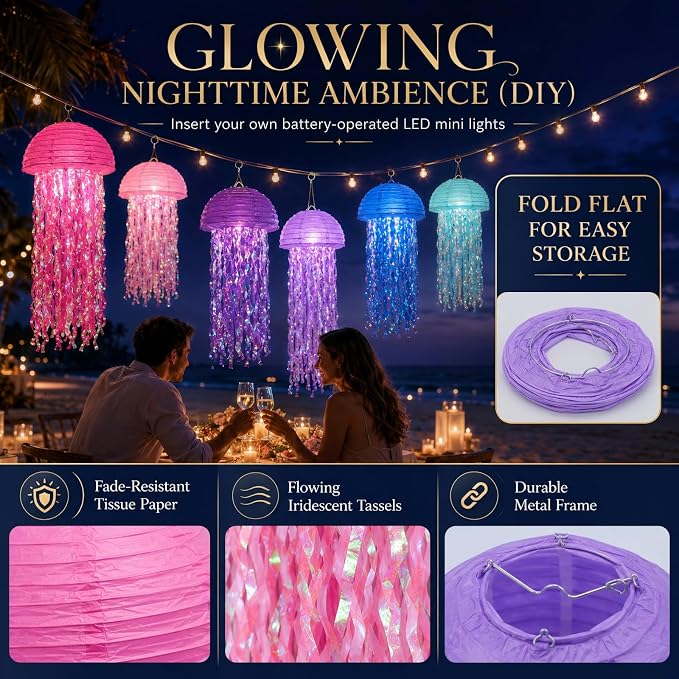 6-Pack Jellyfish Paper Lanterns, Pink Purple Blue Under The Sea Party Decorations, Mermaid Birthday Decorations for Girls, Hanging Ocean Themed Pool & Beach Party Decor, Classroom Decor