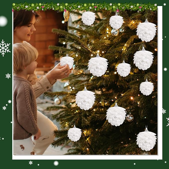 Sratte 8 Pcs Valentine Ball Ornaments Artificial Pinecone Hanging Ornaments Glitter Winter Faux Flower for Xmas Decor, 3.15/2.36 Inch(White)