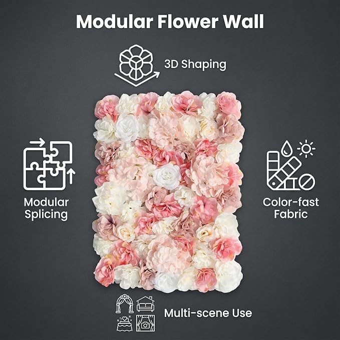 3D Flower Wall Backdrop 6 Pack, 24x16 Inch Blush Pink & Ivory Artificial Rose Panels, Polyester Material for Wedding, Party, Photo Studio, Home & Fence Decor