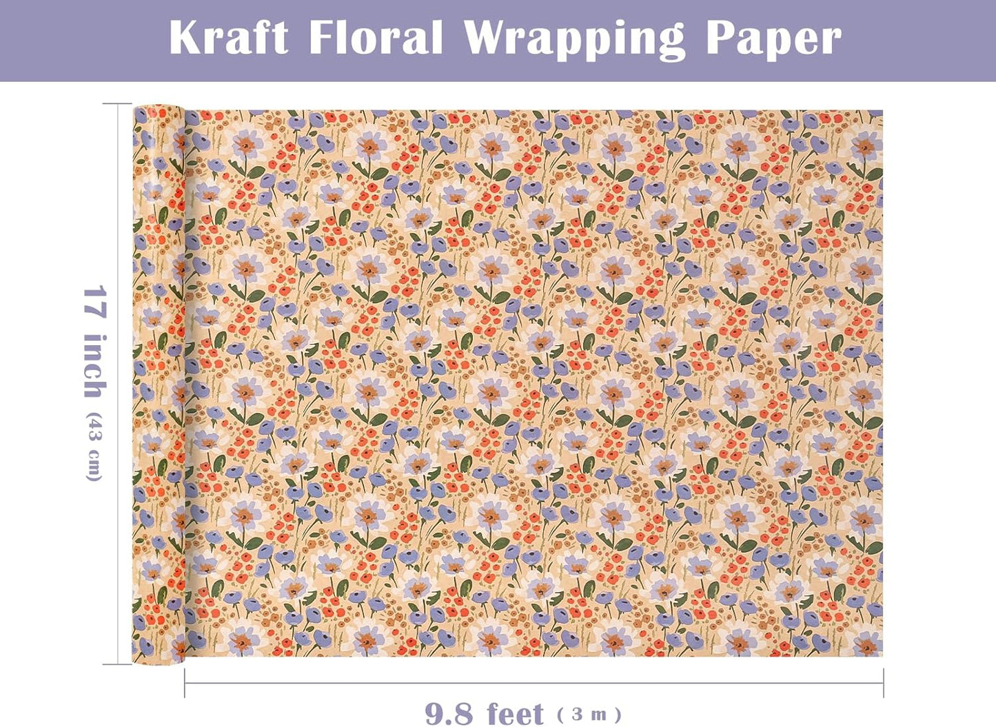 WRAPAHOLIC Kraft Floral Wrapping Paper Roll - Mini Roll - 17 Inch x 9.8 Feet - Watercolor Flower Wrapping Paper, Perfect for Wedding, Birthday, Bridal Shower, Tea Party