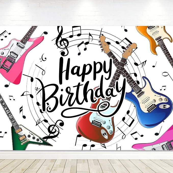Guitar Happy Birthday Backdrop Music Themed Rock and Roll Musical Note Symbol Bday Party for Kids Photography Background Decoration Colorful Modern Cool Fabric Photo Shoot Studio Props 7Wx5H