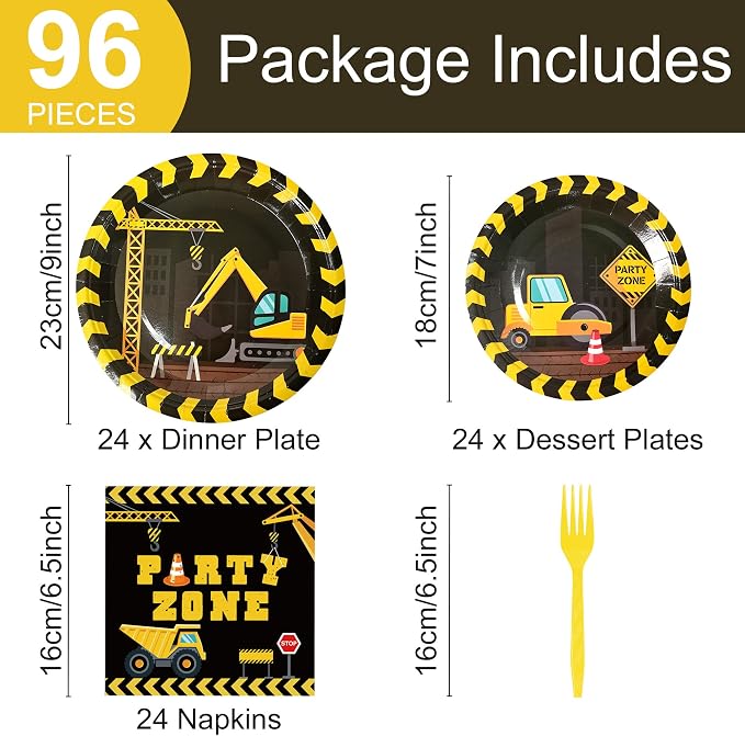 96pcs Construction Birthday Party Supplies Construction Theme Paper Plates and Napkins Construction Truck Decorations for Boys Kids Tractor Dump Digger Vehicle Themed Party Favors, Serve 24