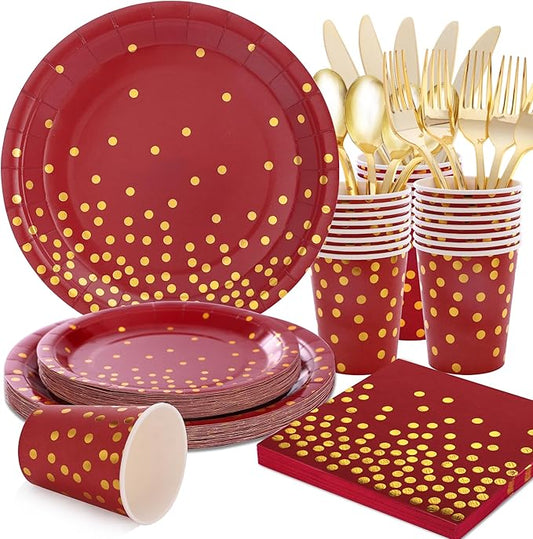 175 PCS Burgundy and Gold Party Supplies - Burgundy Plates and Napkins Sets Serve 25 Guests - Maroon and Gold Paper Plates for Birthday Wedding Graduation Holiday Party Decorations